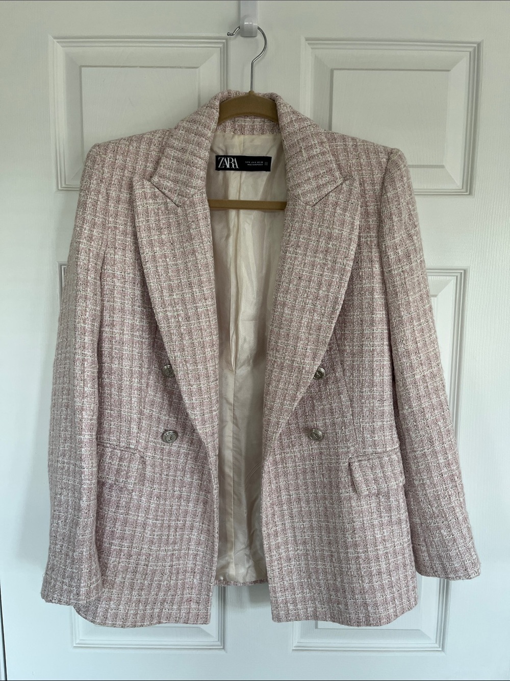 Zara Pink Tweed Double Breasted Blazer